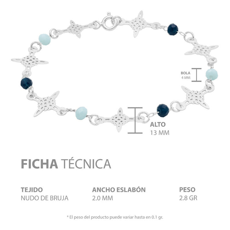 Pulsera Nudo De Bruja Laser Cristales Regalo Mujer Plata 925 Celeste Azul Marino 19 Cm