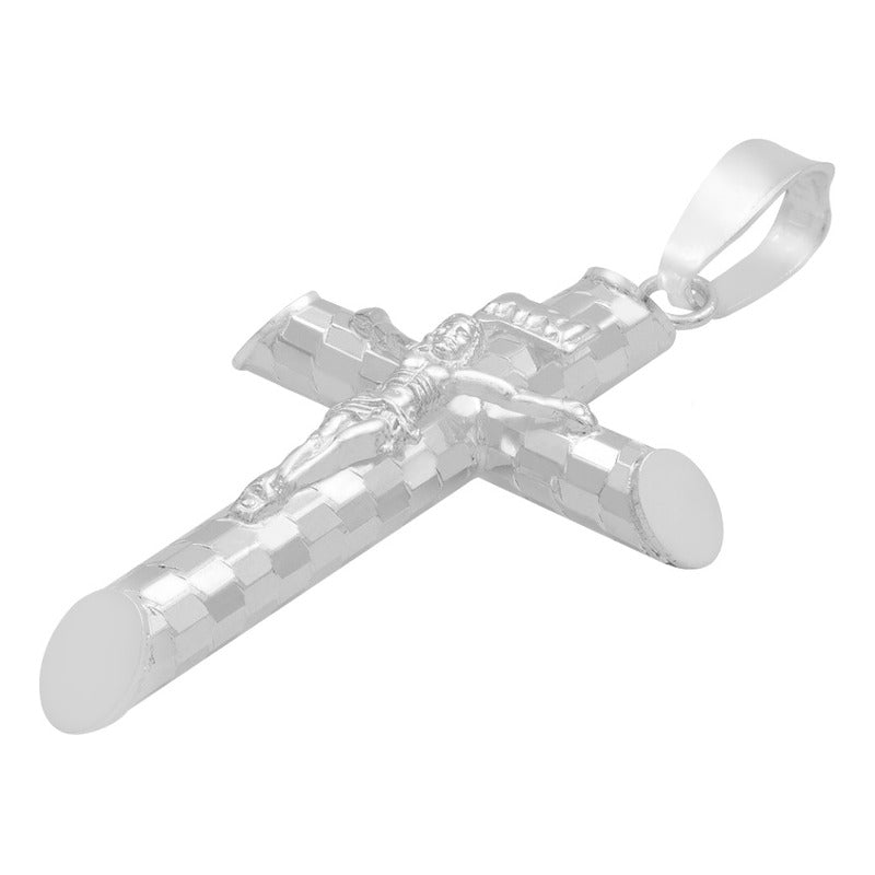 Dije Cruz Tubular Diamantado Ajedrez Cristo Plata 925 4.5 Cm Plateado