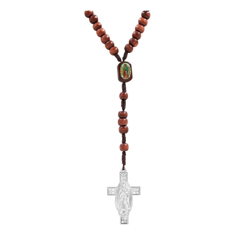 Rosario De Madera Con Cruz De La Virgen De Guadalupe Metal Marrón
