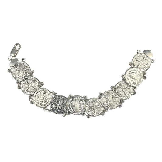 Pulsera San Benito Esclava Medallas Plata Solida Ley 925 Plateado 6 Cm 19.5 Cm