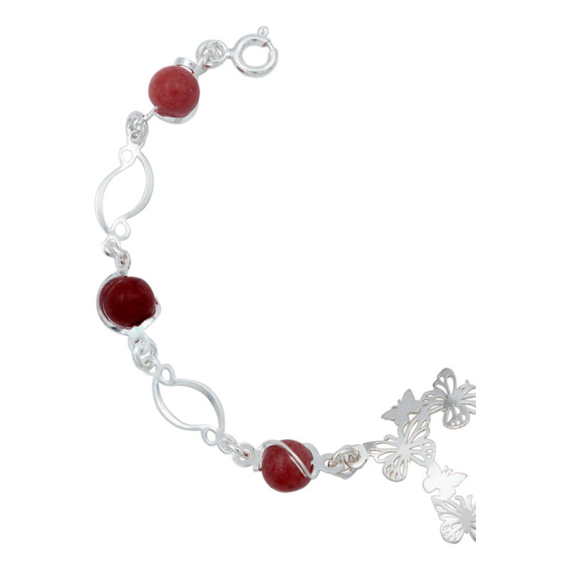 Pulsera Corazón Mariposas Piedra Natural Cuarzo Plata 925