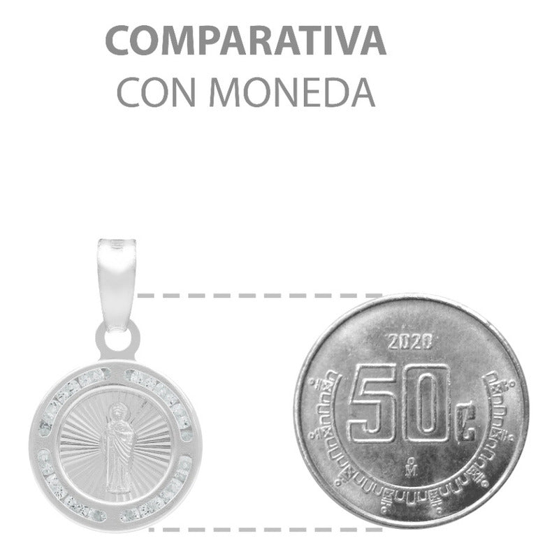 Dije Mini Medalla Bautizo San Judas Zircon Plata 925 1.2 Cm Blanco