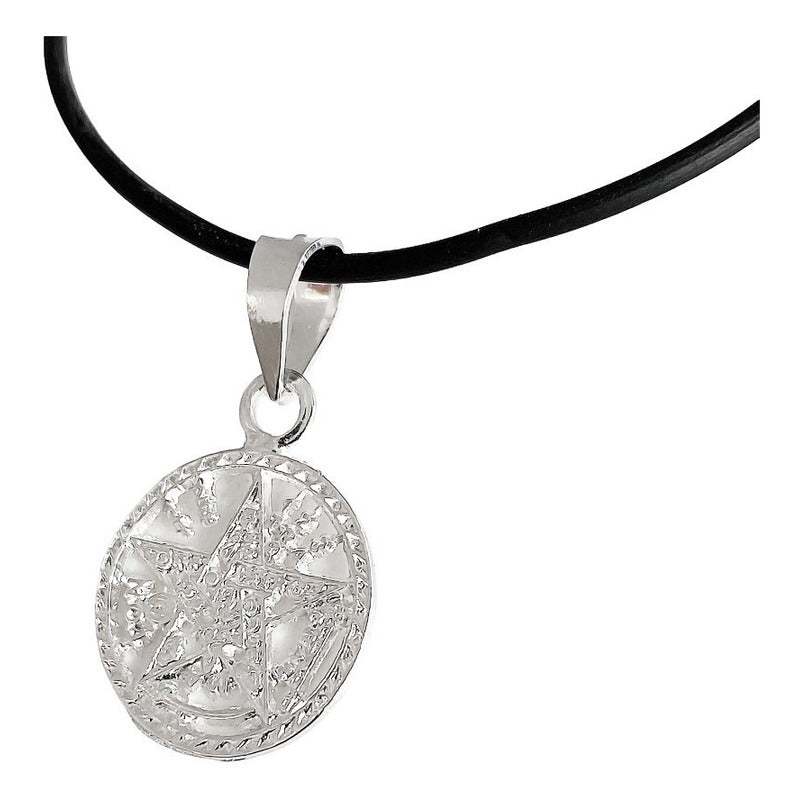 Collar Caucho Dije Medalla Tetragramaton Diamantado Plata925 Blanco
