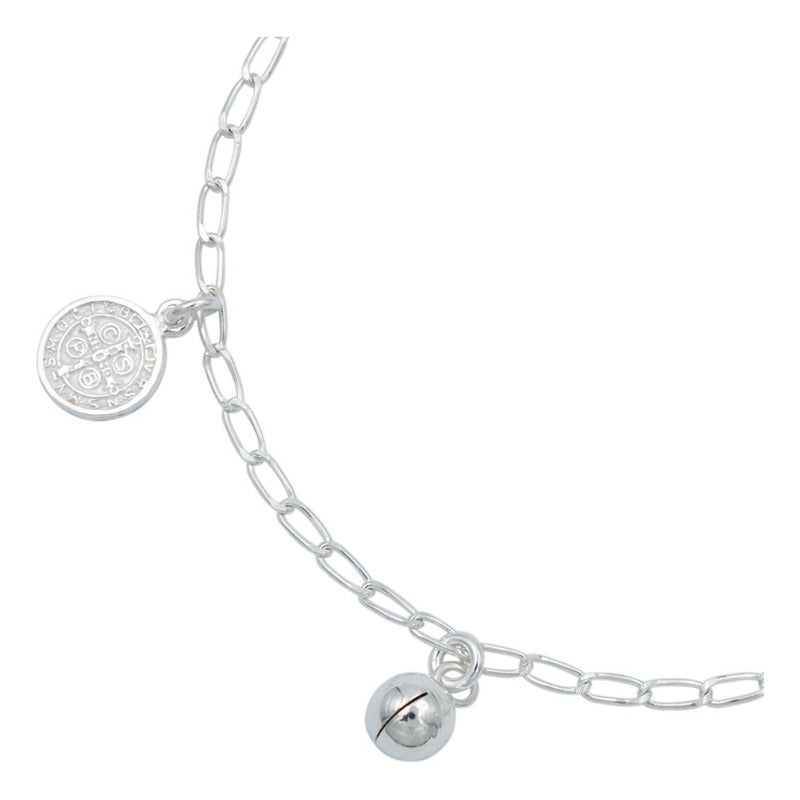 Pulsera San Benito Medalla Doble Vista Cascabel Plata 925