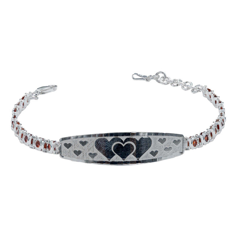 Pulsera Ajustable Zirconias Placa Corazón Amor Plata 925