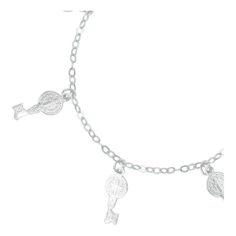 Pulsera Ajustable San Benito Pequeña Medallas Plata Ley 925