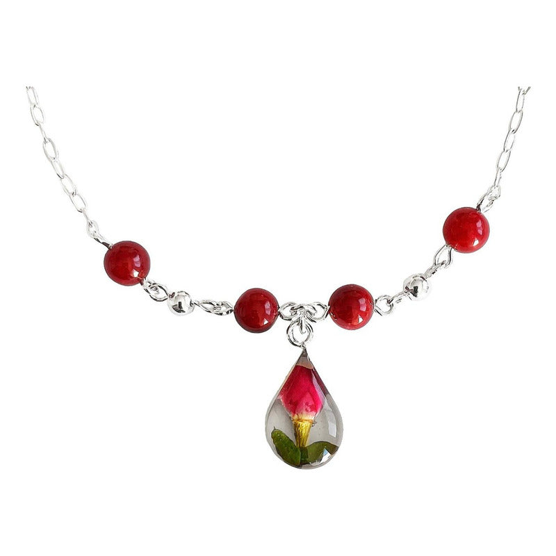 Tobillera Ajustable Flores Encapsuladas Cuarzos Plata 925