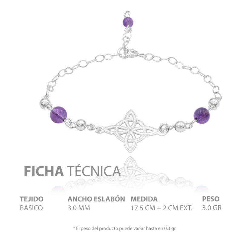 Pulsera Ajustable Mujer Nudo De Bruja Laser Bolas Plata 925 Violeta 6 Cm 20 Cm