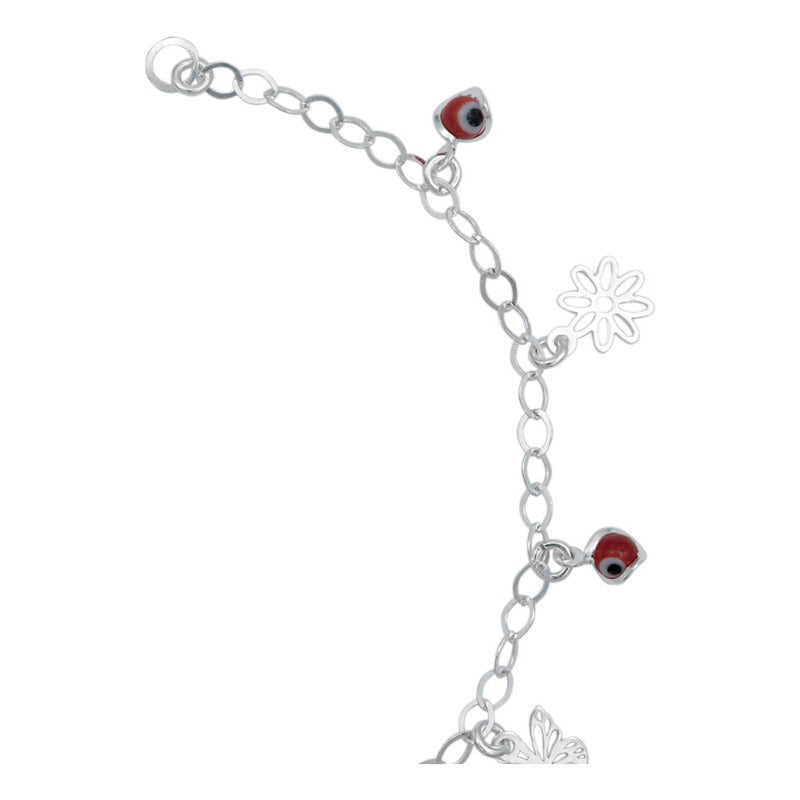 Tobillera Flor Mariposa Ojo Turco Mujer Regalo Plata 925 Rojo 6 Cm 25 Cm