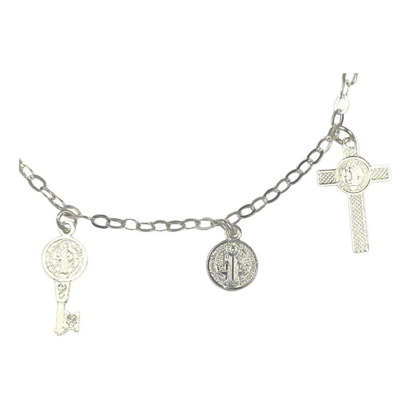 Pulsera Ajustable San Benito Pequeña Medallas Plata Ley 925
