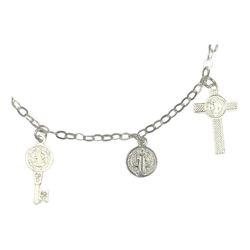 Pulsera Ajustable San Benito Pequeña Medallas Plata Ley 925