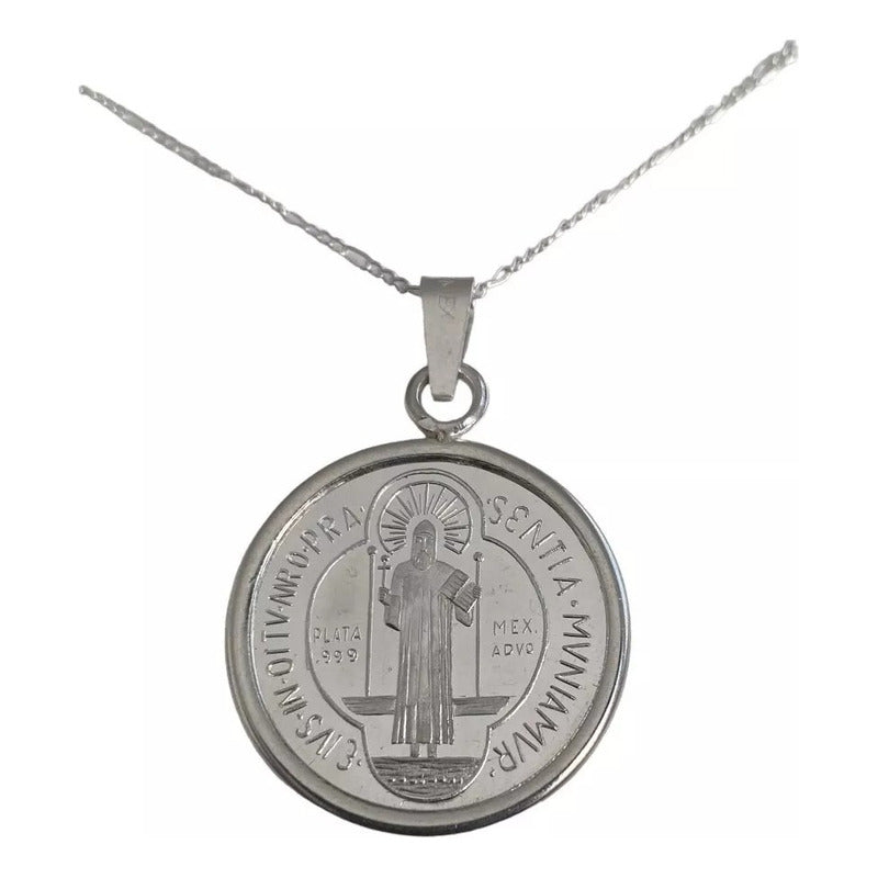 Dije Medalla San Benito Grande Plata Pura Ley .999 Plateado