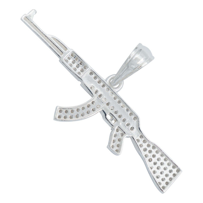 Dije Rifle Ak 47 Zirconias Bélico Metralleta Plata 925