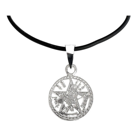 Collar Caucho Dije Medalla Tetragramaton Diamantado Plata925 Blanco