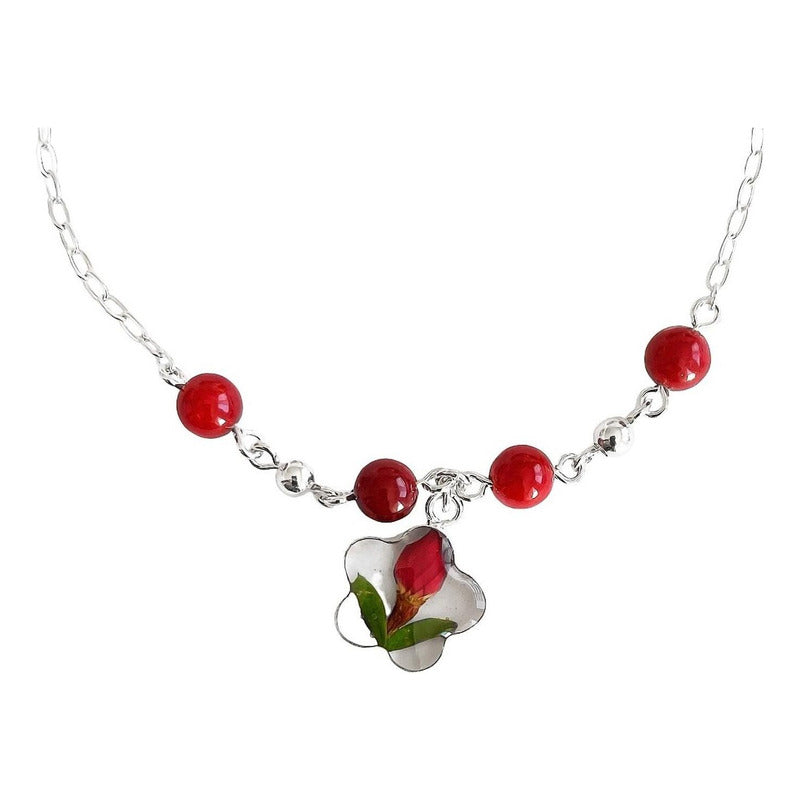 Tobillera Ajustable Flores Encapsuladas Cuarzos Plata 925