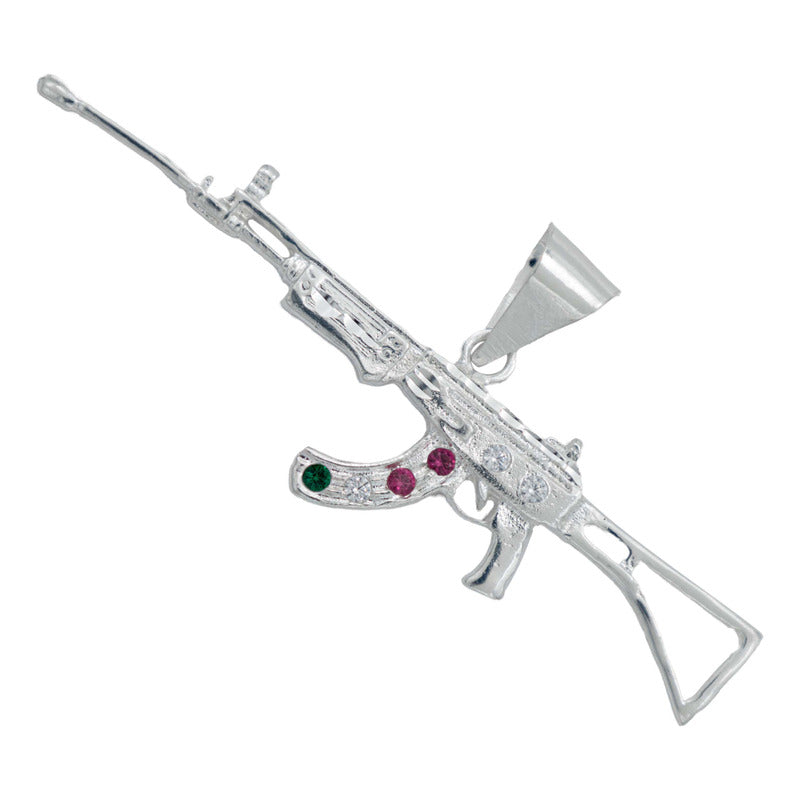 Dije Mediano Rifle Ak 47 Cuerno De Chivo Plata Solida S925