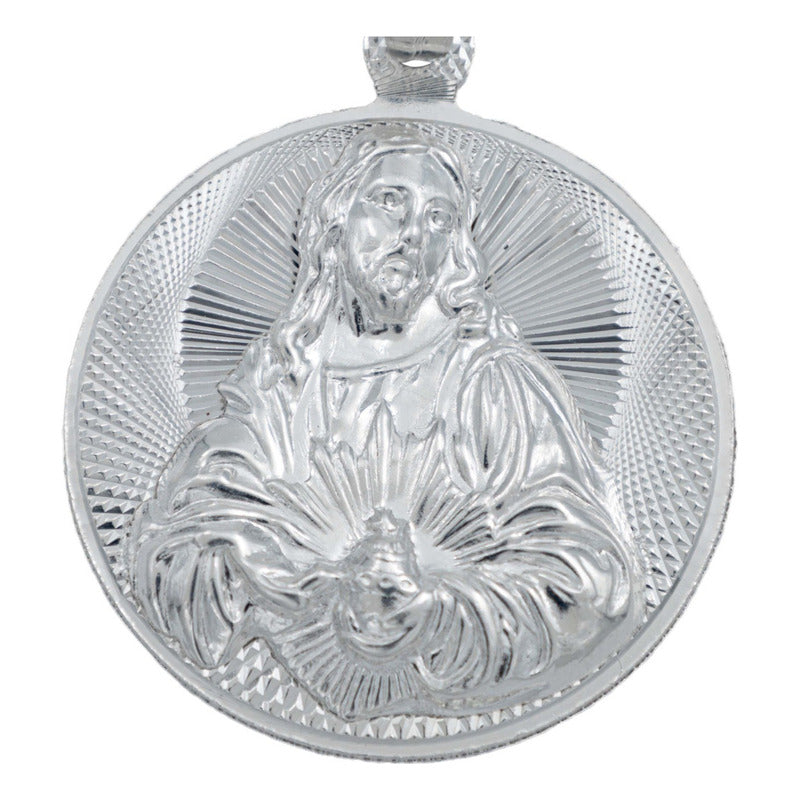 Dije Medalla Grande Diamantada Sagrado Corazón Plata 925