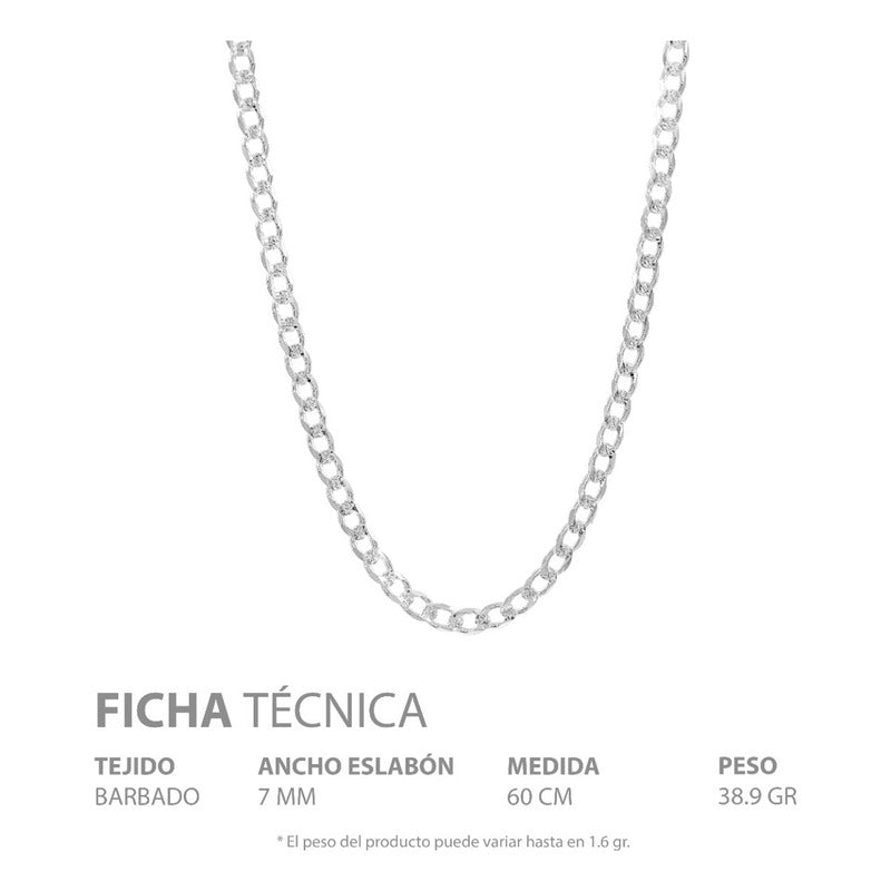 Cadena Cubana Diamantada Barbada Hombre Plata925 60cm X 7mm Plateado