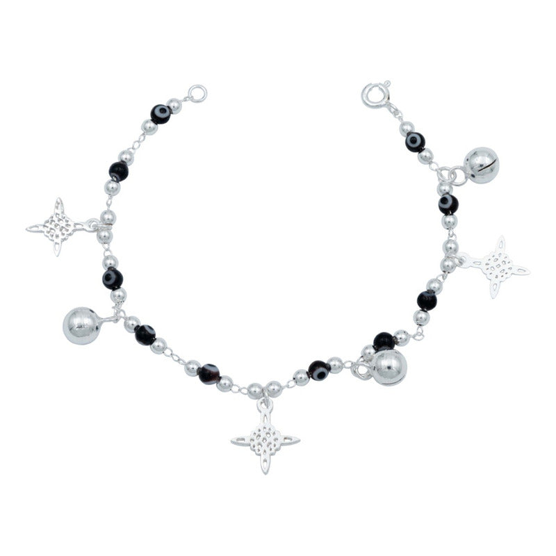 Pulsera Nudo De Bruja Ojo Turco Cascabeles Sonido Plata 925