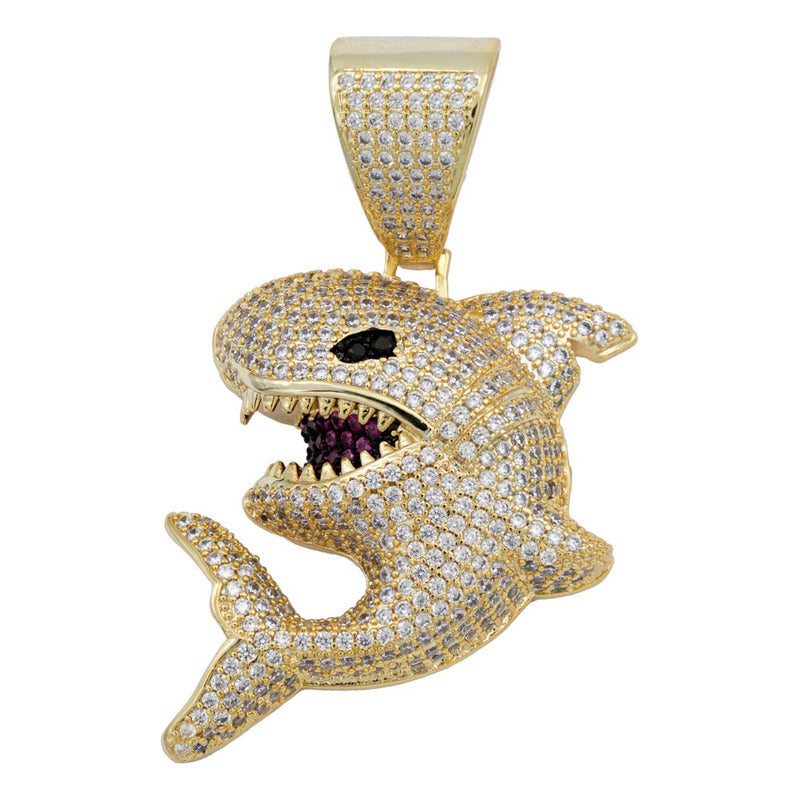 Dije Tiburon Piedras Hiphop + Cadena Regalo Chapa Oro 14k
