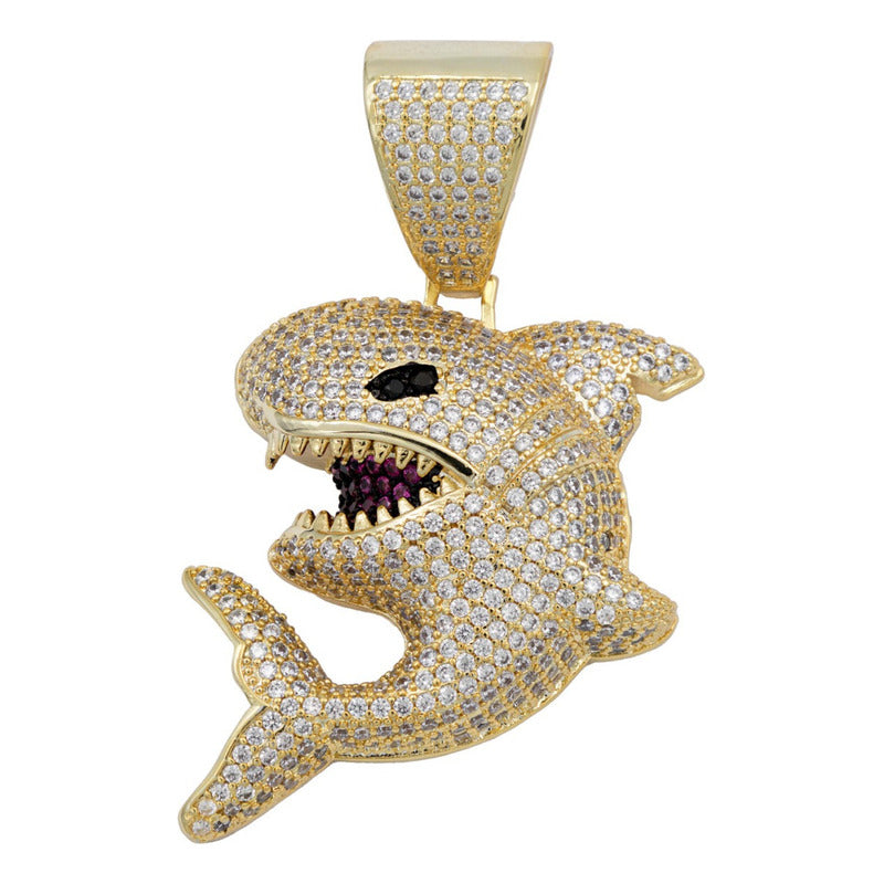 Dije Tiburon Piedras Hiphop + Cadena Regalo Chapa Oro 14k