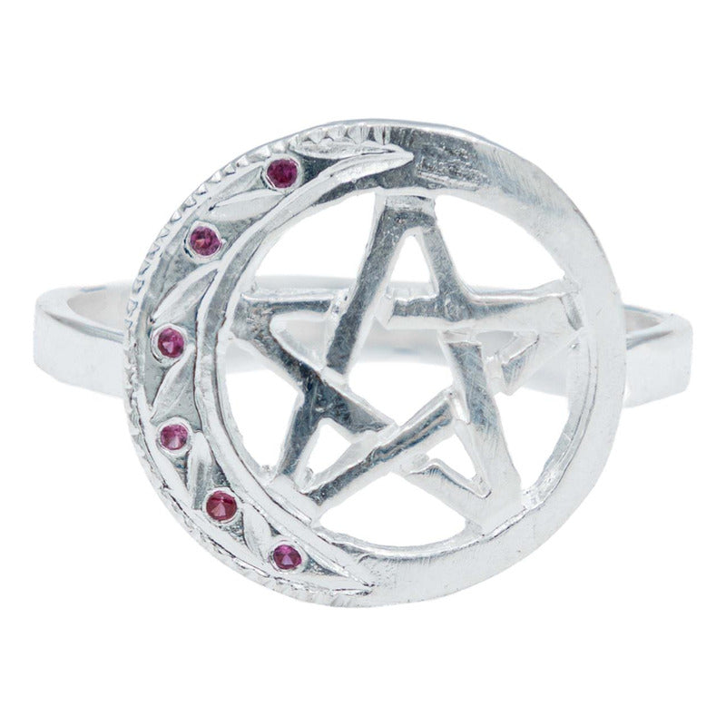 Anillo Diamantado Pentagrama Luna Zirconias Plata Ley 925