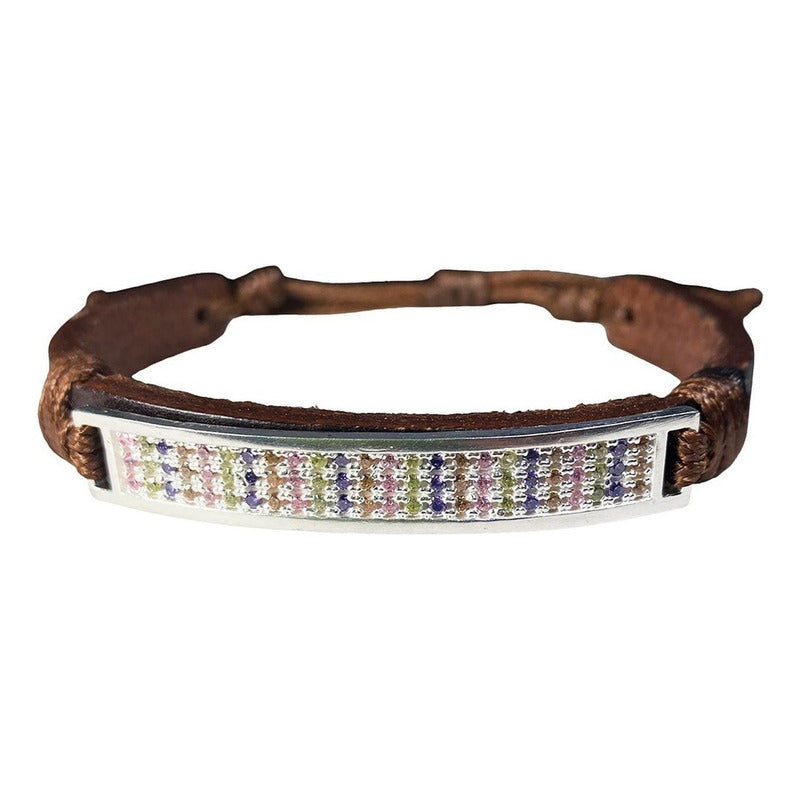 Pulsera Ajustable Unisex De Cuero Con Zirconias En Plata 925