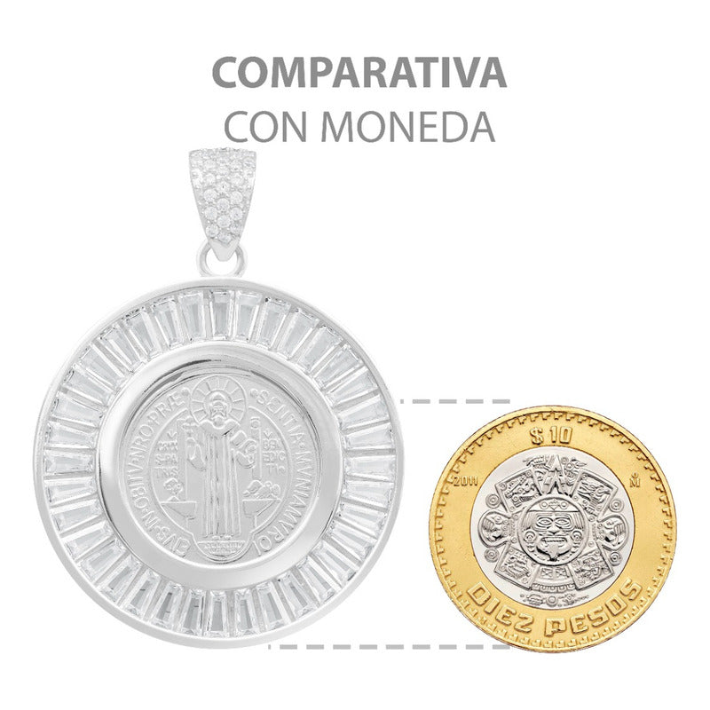 Dije Medalla San Benito Bisel Zirconias Baguette Plata 925 Blanco