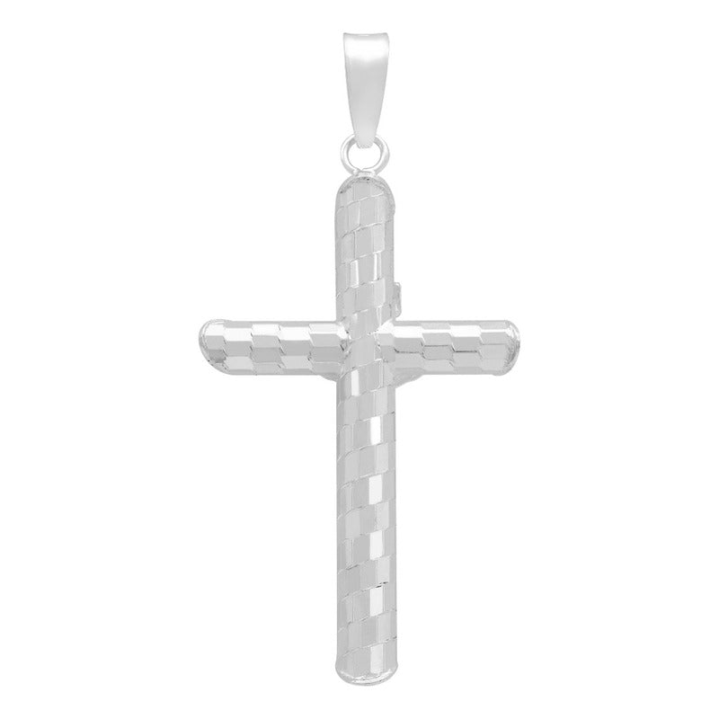 Dije Cruz Tubular Diamantado Ajedrez Cristo Plata 925 4.5 Cm Plateado