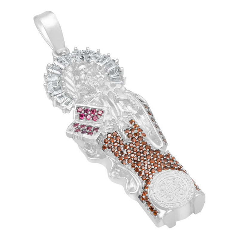 Dije Medalla San Benito Grande Protección Zirconia Plata 925 Café