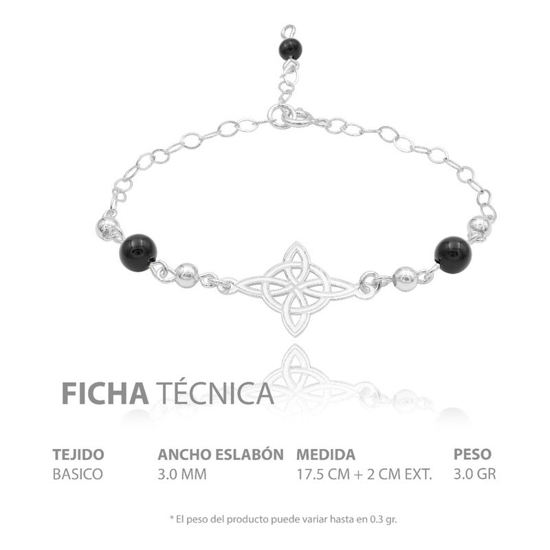 Pulsera Ajustable Mujer Nudo De Bruja Laser Bolas Plata 925 Negro 6 Cm 20 Cm