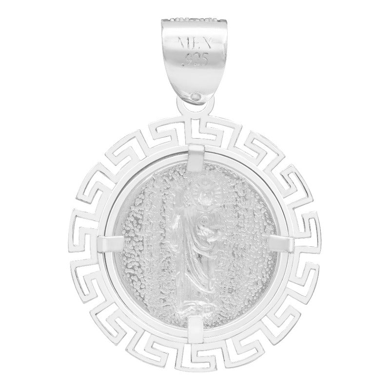 Dije Medalla San Judas Grecas Zirconias Plata 925 3.4 Cm Blanco