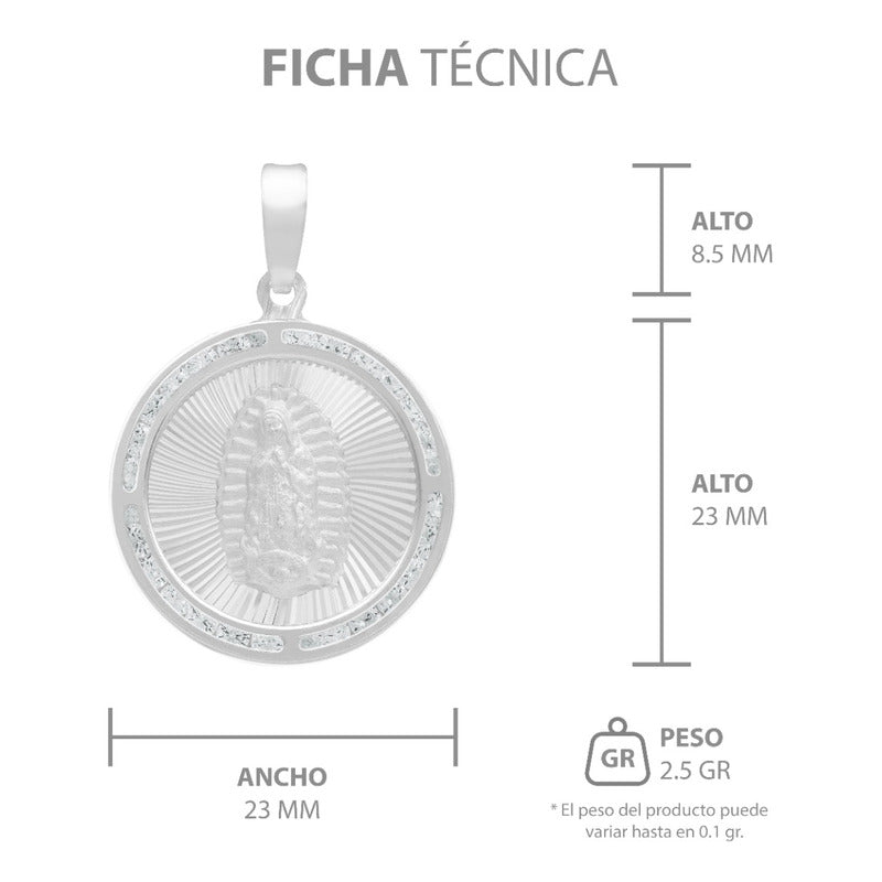 Dije Medalla Virgencita Guadalupe Zirconias Plata 925 2.3 Cm Blanco