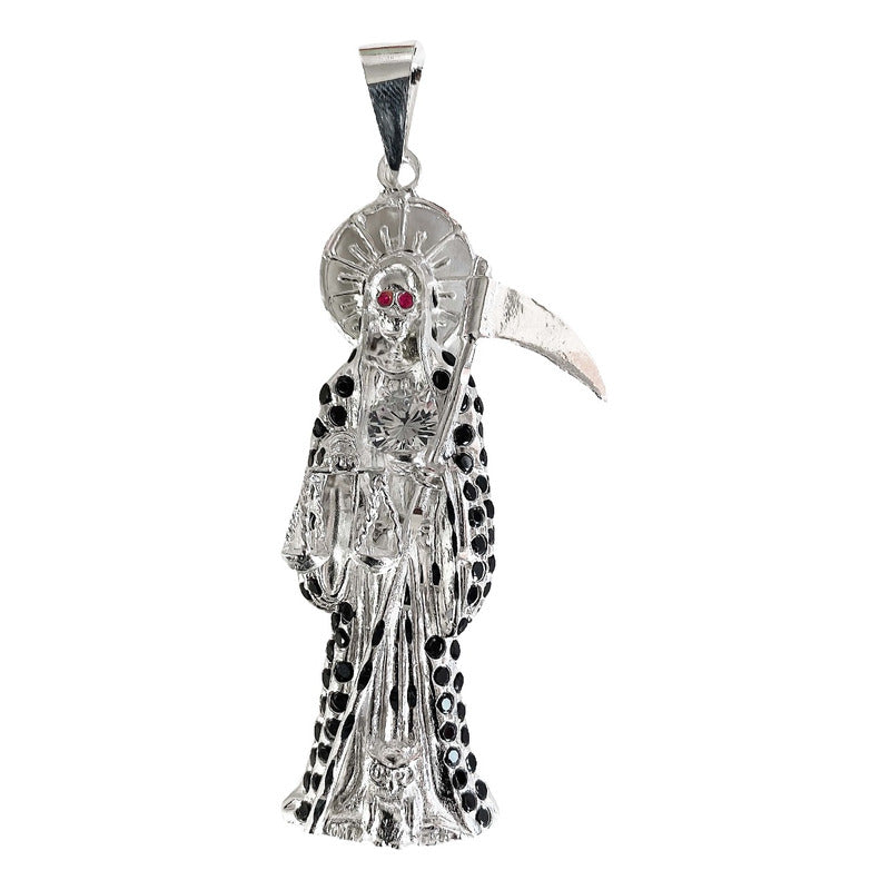 Dije Medalla Gigante Santa Muerte Con Zirconias En Plata 925