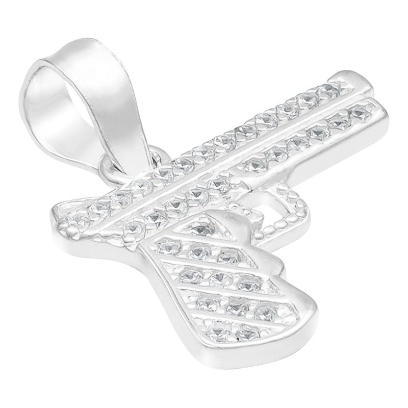 Dije Chico Pistola Glock Revolver Hombre Zirconias Plata 925 Blanco