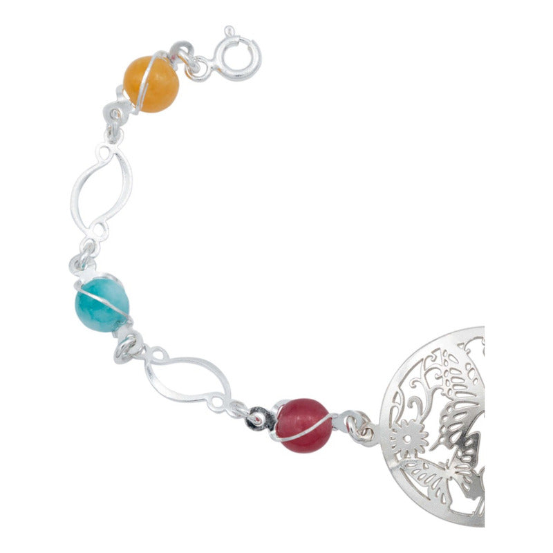 Pulsera Mariposa Flores Piedra Natural Cuarzo Plata 925