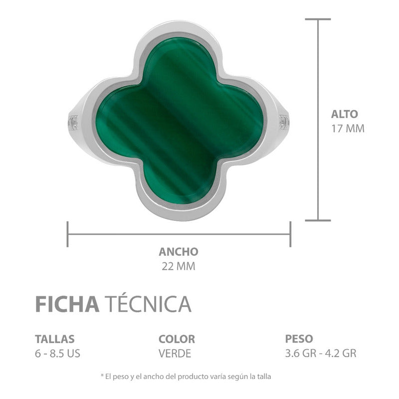 Anillo Grande Hombre Mujer Trebol Esmaltado Resina Plata 925 Verde 8