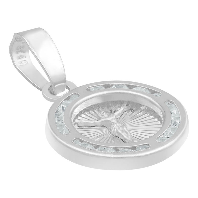 Dije Mini Medalla Bautizo Cristo Crucificado Plata 925 1.2cm Blanco