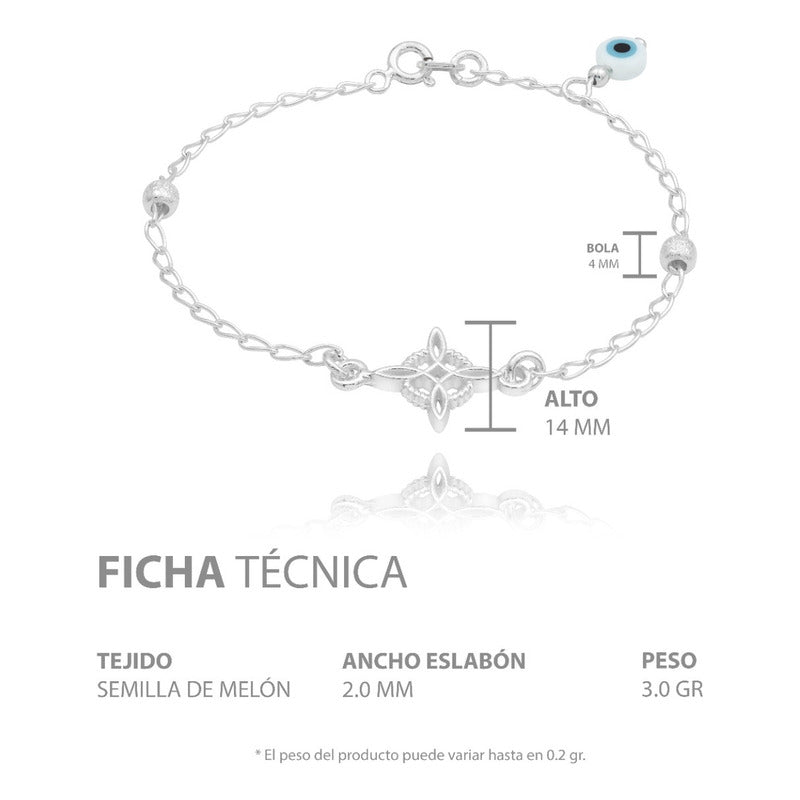 Pulsera Nudo De Bruja Bola Azucarada Ojo Turco Plata 925 Blanco 18 Cm