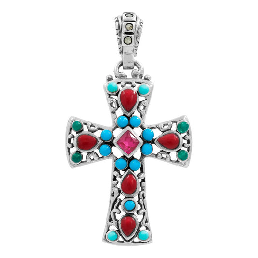Dije Cruz Grande Plata 925 Piedra Natural Zirconia 4.3 Cm Rojo Fucsia