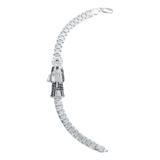 Pulsera Rolo Gruesa Santa Muerte Grande Zirconias Plata 925