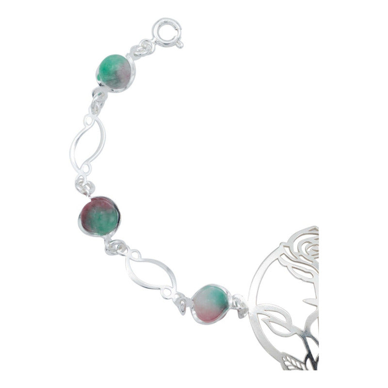 Pulsera Flores Rosa Piedra Natural Cuarzo Mujer Plata 925