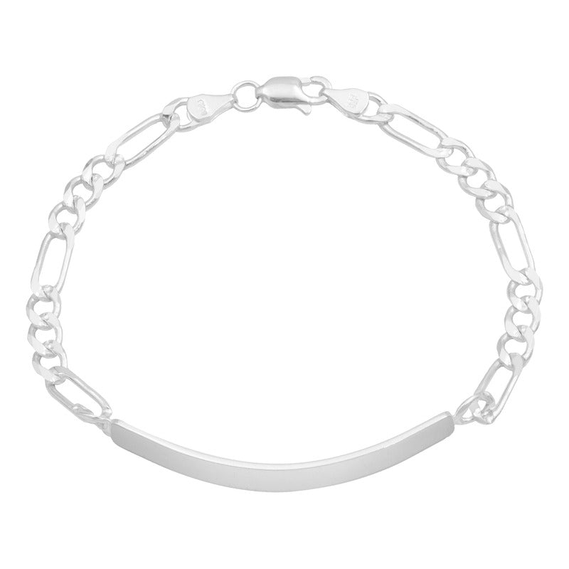 Esclava Placa Gruesa Figaro Diamantada Hombre Plata 925 5 Mm