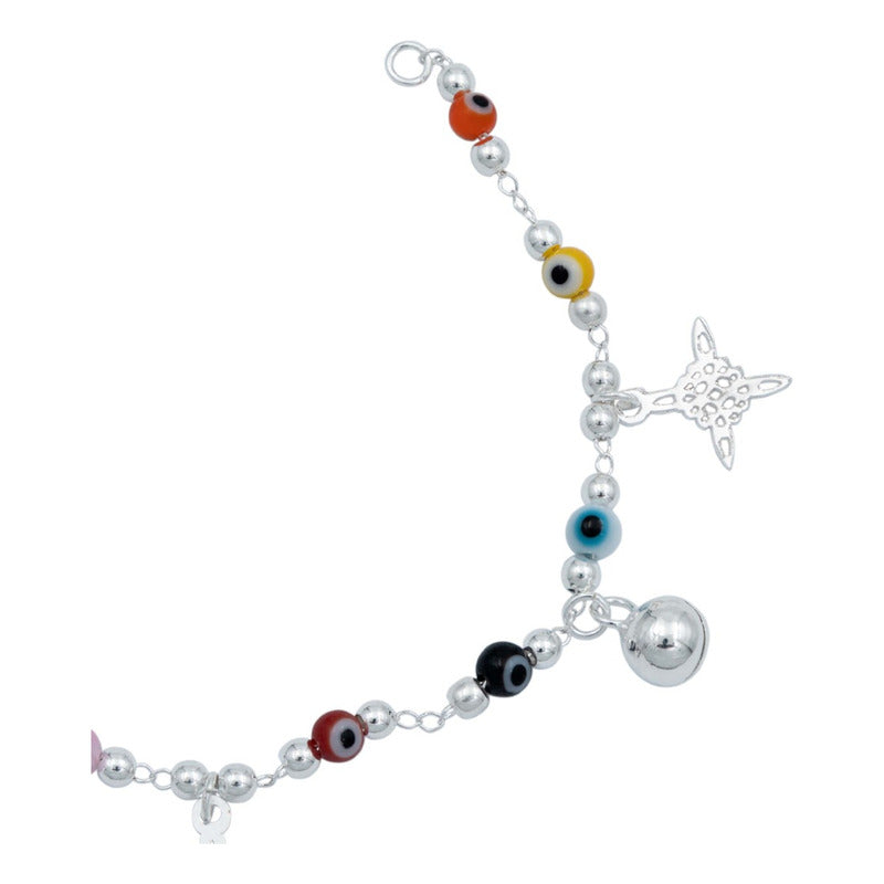 Pulsera Nudo De Bruja Ojo Turco Cascabeles Sonido Plata 925