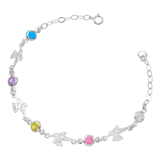 Pulsera Ajustable Plata 925 Colibríes Zirconias Mujer Regalo Multicolor 20 Cm