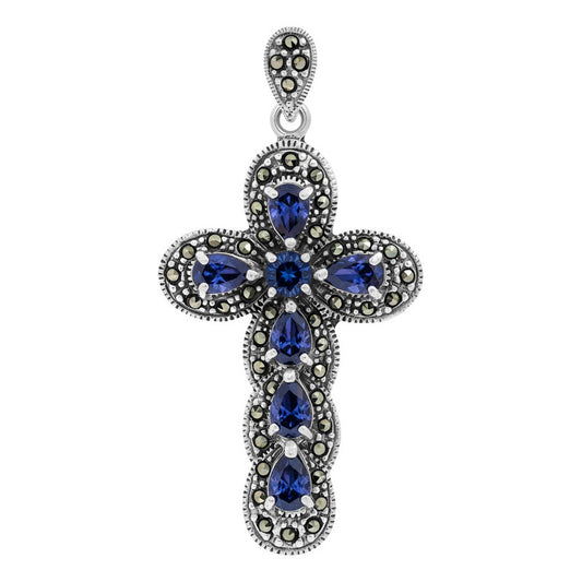 Dije Cruz Grande Rodizada De Plata Ley .925 Zirconias 5.2 Cm Azul