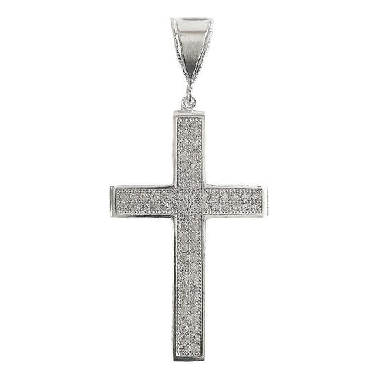 Dije Cruz Catolica Grande Zirconias Hombre Plata Ley 925 Blanco Alto/ancho 6.1 Cm X 2.9 Cm