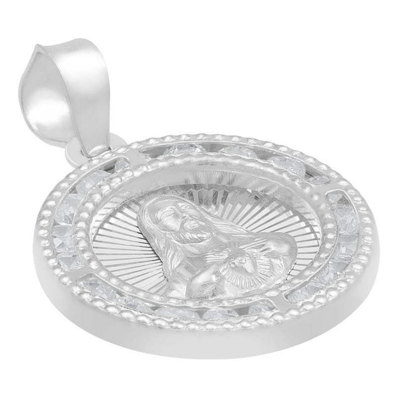Dije Medalla Sagrado Corazón Zirconias Plata 925 1.6 Cm Blanco