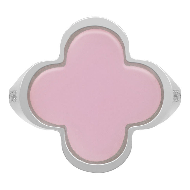 Anillo Grande Hombre Mujer Trebol Esmaltado Resina Plata 925 Rosa 8