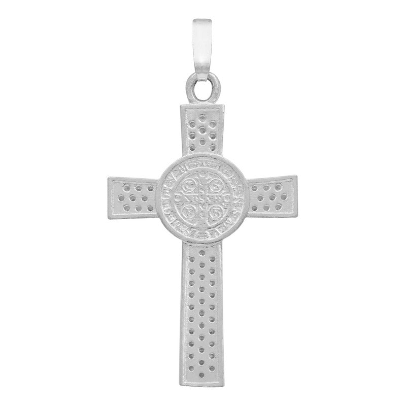 Dije Cruz De San Benito Doble Vista Con Zirconias En Plata 925 | Medalla Religiosa Detallada Y Pulida | 3.9 Cm | Ideal Para Uso Diario, Ceremonias Y Regalos